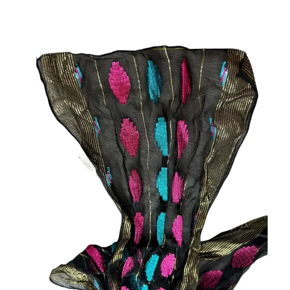 American Vtg Neck Scarf- Metallic- semi sheer bright pink blue- some wear 60x11